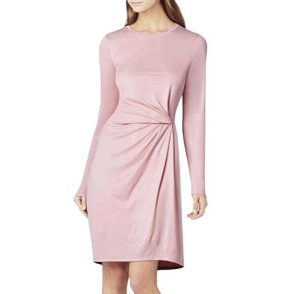 BCBGMaxazria Blush Pink Front Tuck Pleat Soft Rib Long Sleeve Knee Length Dress - Picture 1 of 9